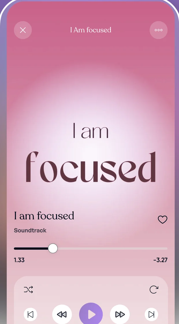 The Becoming player showing the I am focused session with a scrub bar, shuffle and repeat controls