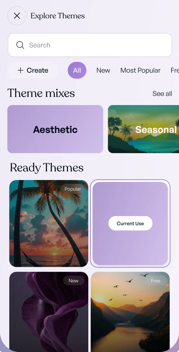 The Explore Themes screen with theme mixes and ready-made themes